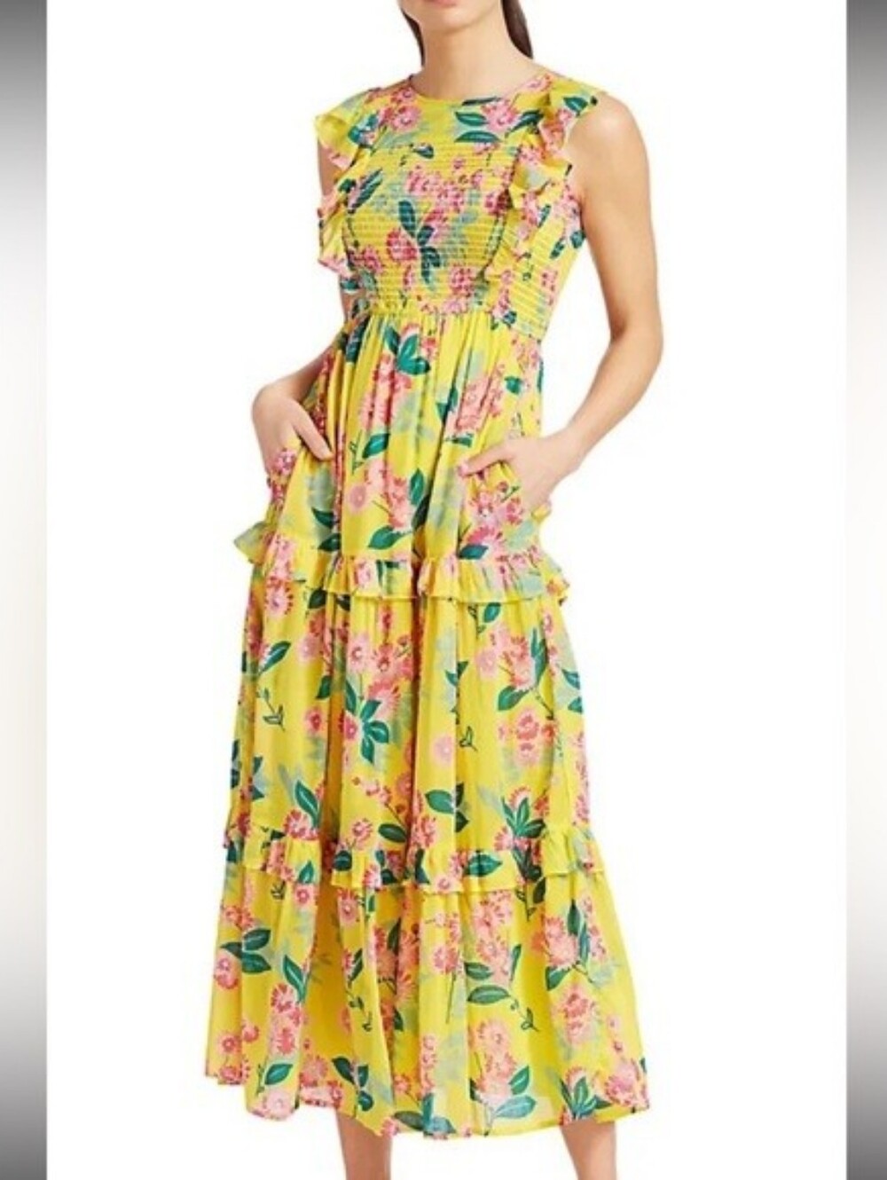 Banjanan Yellow Pink Floral Midi Dress S